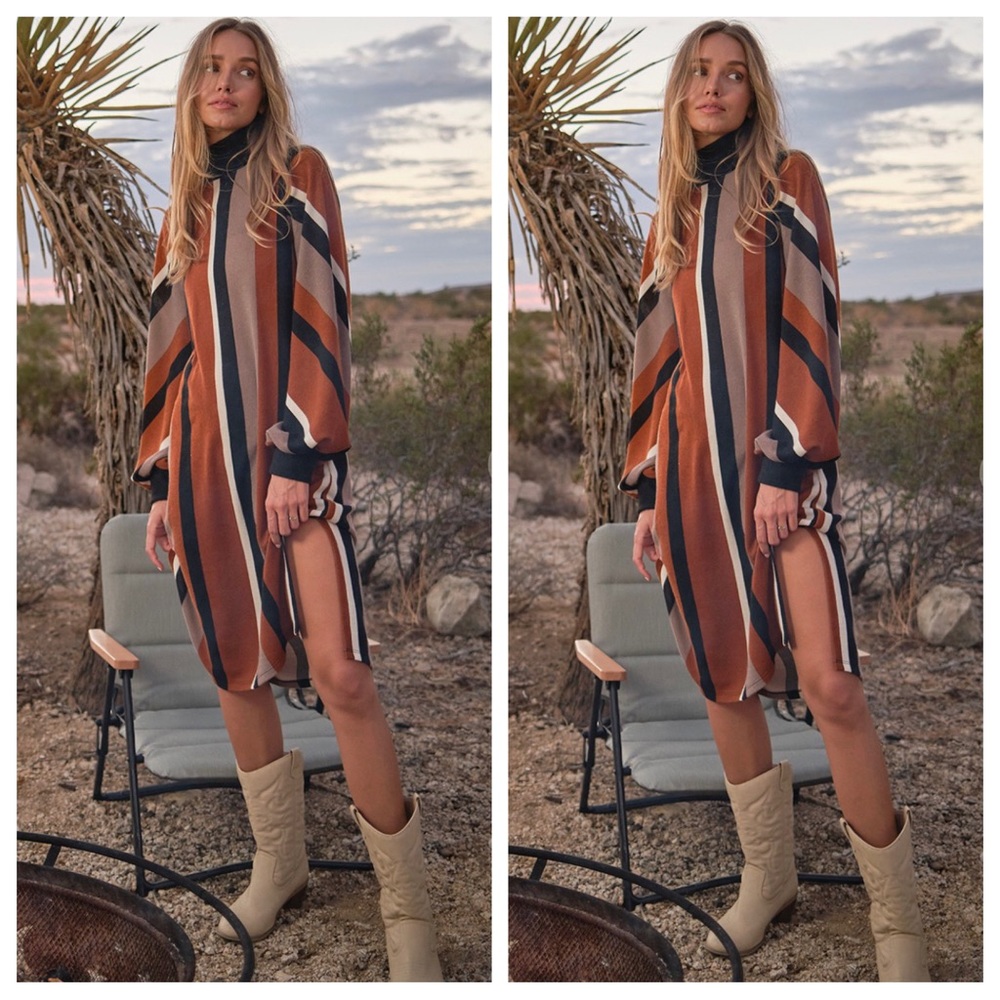 27 Absolutely Fabulous Vertical Striped Turtle Neck Midi Dress